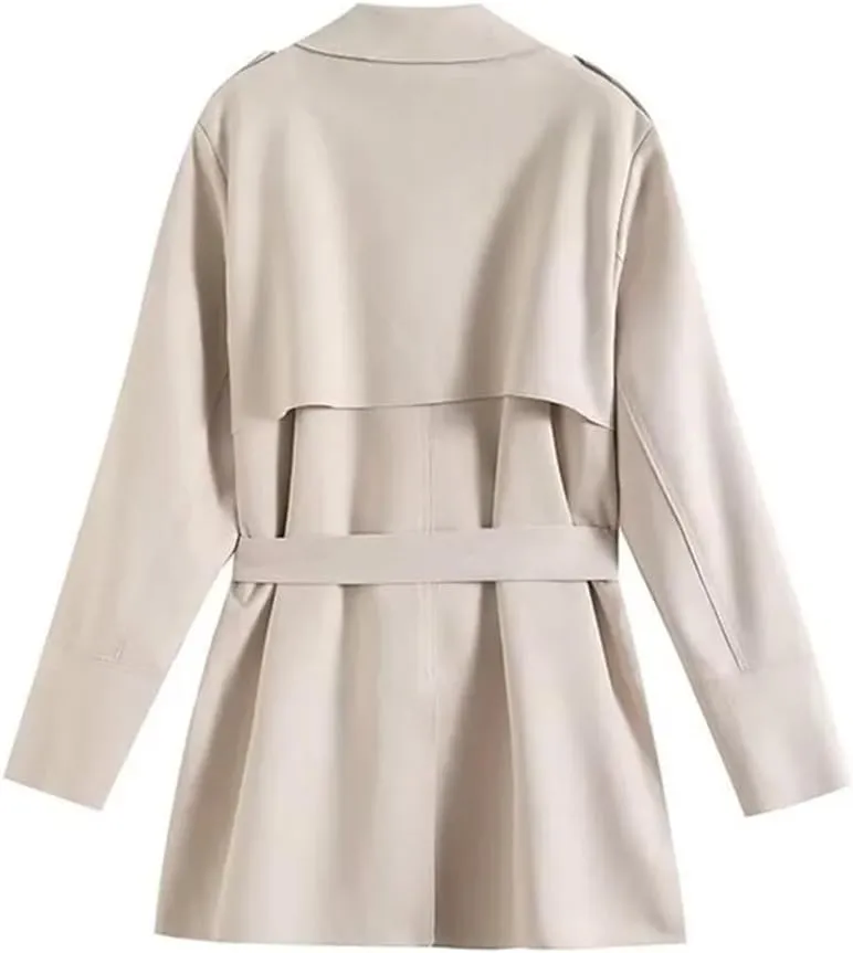 Adhdyuud Women Solid Trench Coats Sashes Bow Double Breasted Coats Business Casual Outerwear