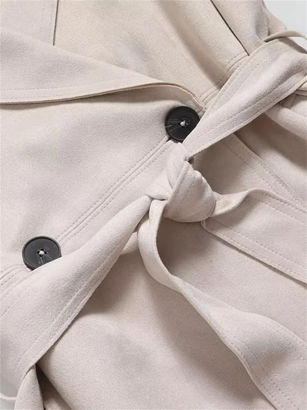 Adhdyuud Women Solid Trench Coats Sashes Bow Double Breasted Coats Business Casual Outerwear