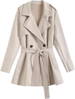Adhdyuud Women Solid Trench Coats Sashes Bow Double Breasted Coats Business Casual Outerwear