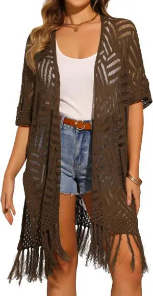 Allegra K Women's Summer Crochet Cardigan Short Sleeve Open Front Lightweight Boho Cover Up Cardigans