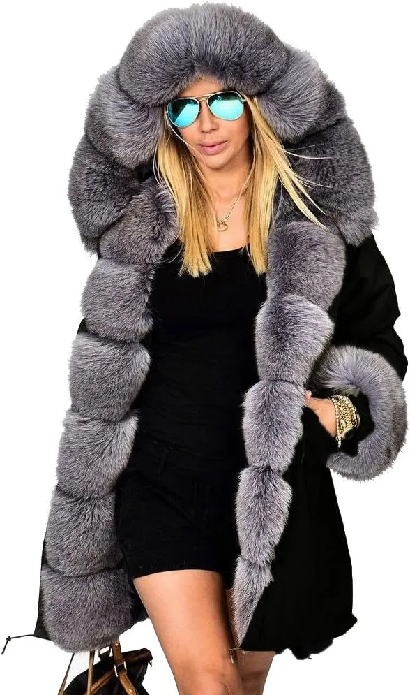 Aofur Womens Hooded Faux Fur Lined Warm Coats Parkas Anoraks Outwear Winter Long Jackets