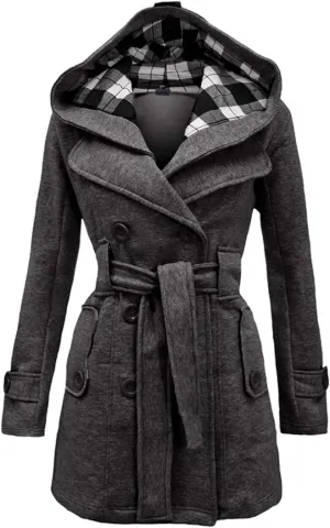 BOFETA Womens Lapel Double Breasted Mid Length Pea Coat Hooded Winter Trench Coat Jackets with Belt