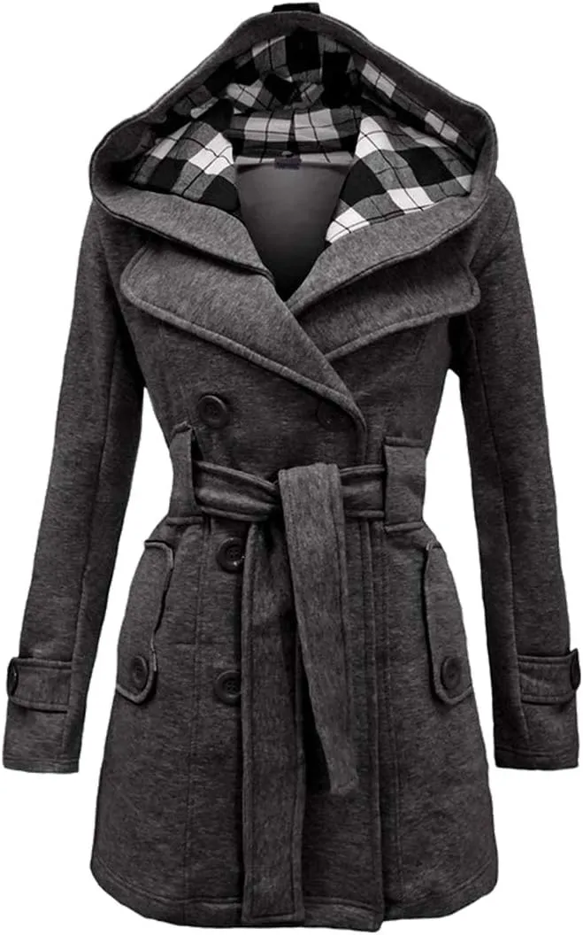 BOFETA Womens Lapel Double Breasted Mid Length Pea Coat Hooded Winter Trench Coat Jackets with Belt