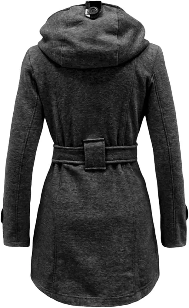 BOFETA Womens Lapel Double Breasted Mid Length Pea Coat Hooded Winter Trench Coat Jackets with Belt