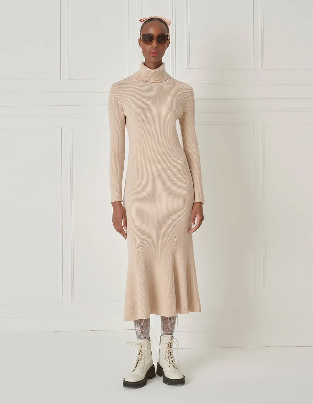 BORA AKSU Creamy White Turtleneck Slim Wool Knit Maxi Dress