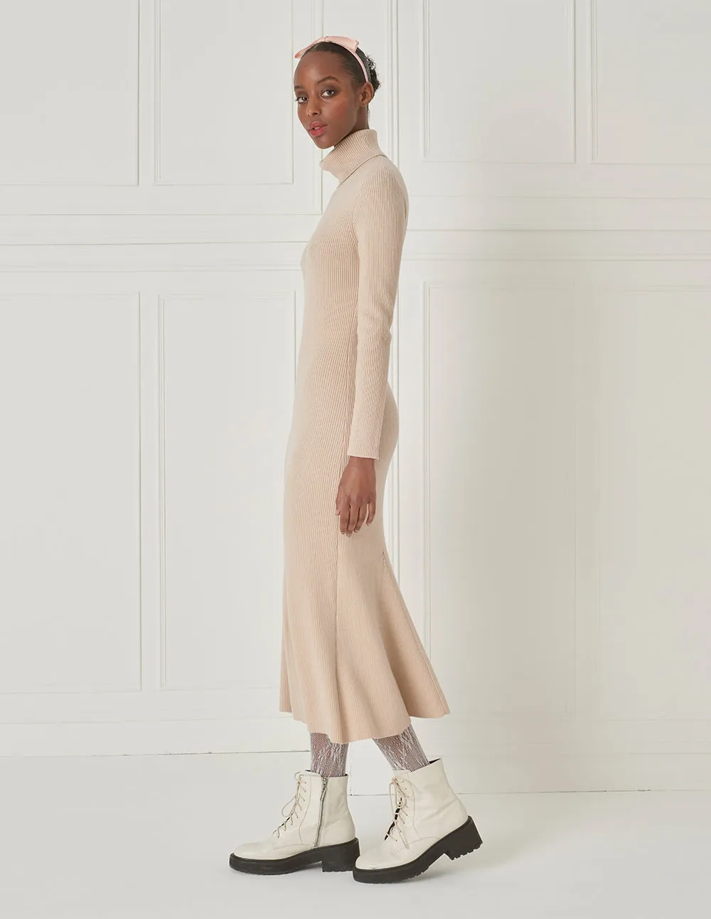 BORA AKSU Creamy White Turtleneck Slim Wool Knit Maxi Dress