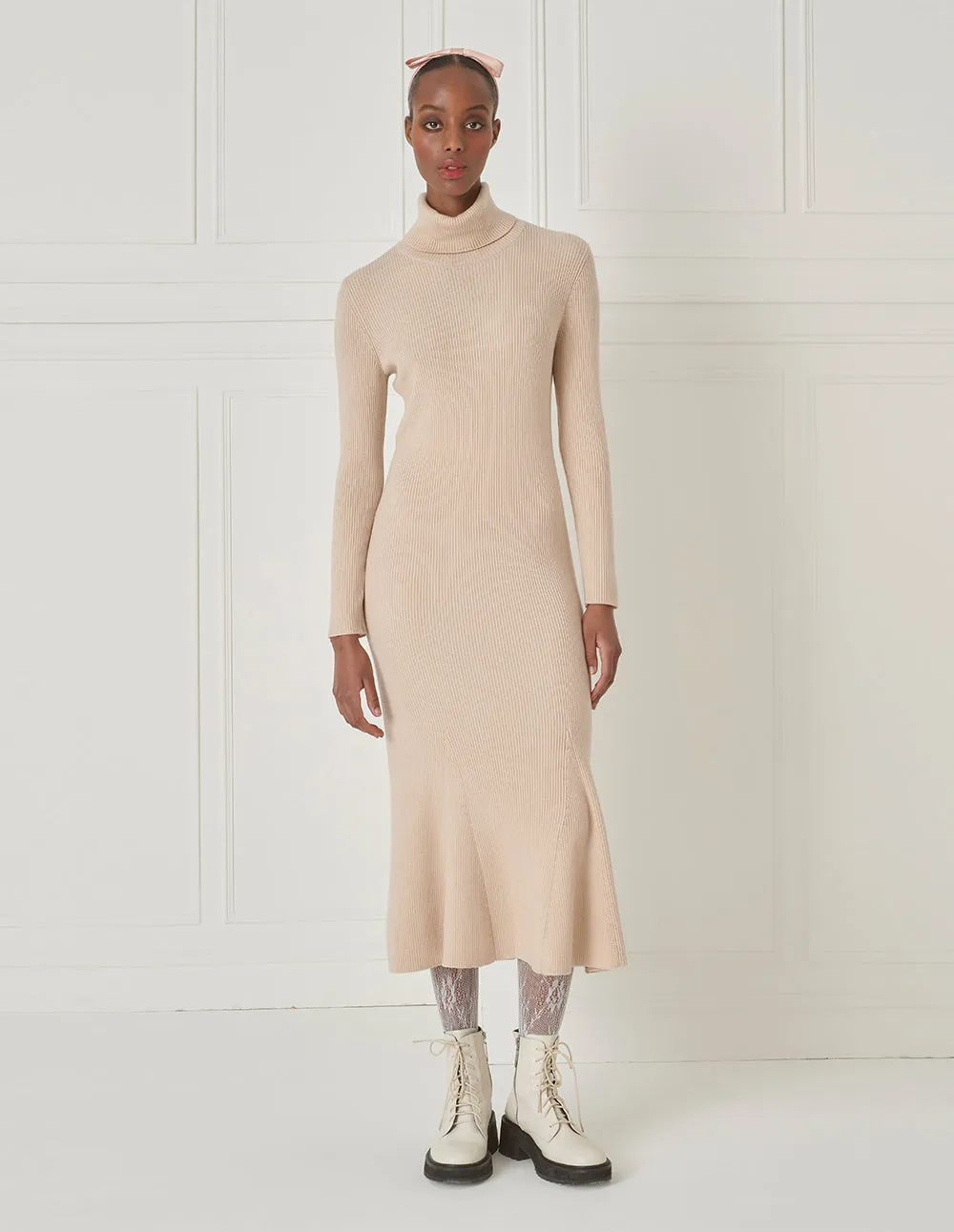 BORA AKSU Creamy White Turtleneck Slim Wool Knit Maxi Dress