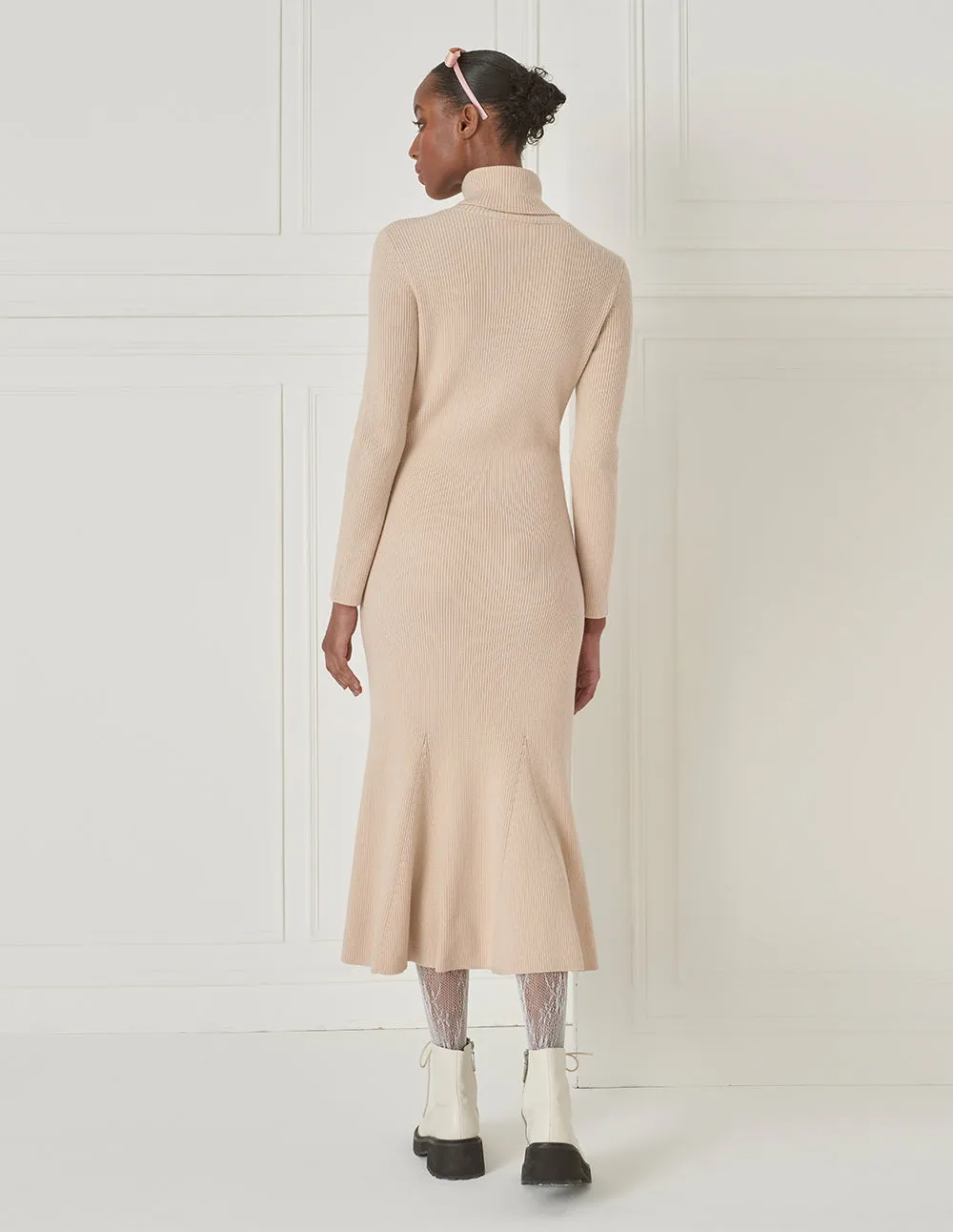 BORA AKSU Creamy White Turtleneck Slim Wool Knit Maxi Dress