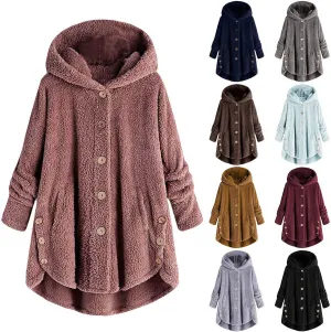 BOXIACEY Plus Size Coats for Women Wool Teddy Bear Coat Fleece Button Down Jacket Plush Hooded Cardigan with Pocket