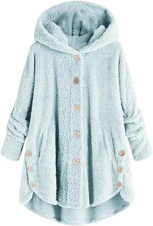 BOXIACEY Plus Size Coats for Women Wool Teddy Bear Coat Fleece Button Down Jacket Plush Hooded Cardigan with Pocket