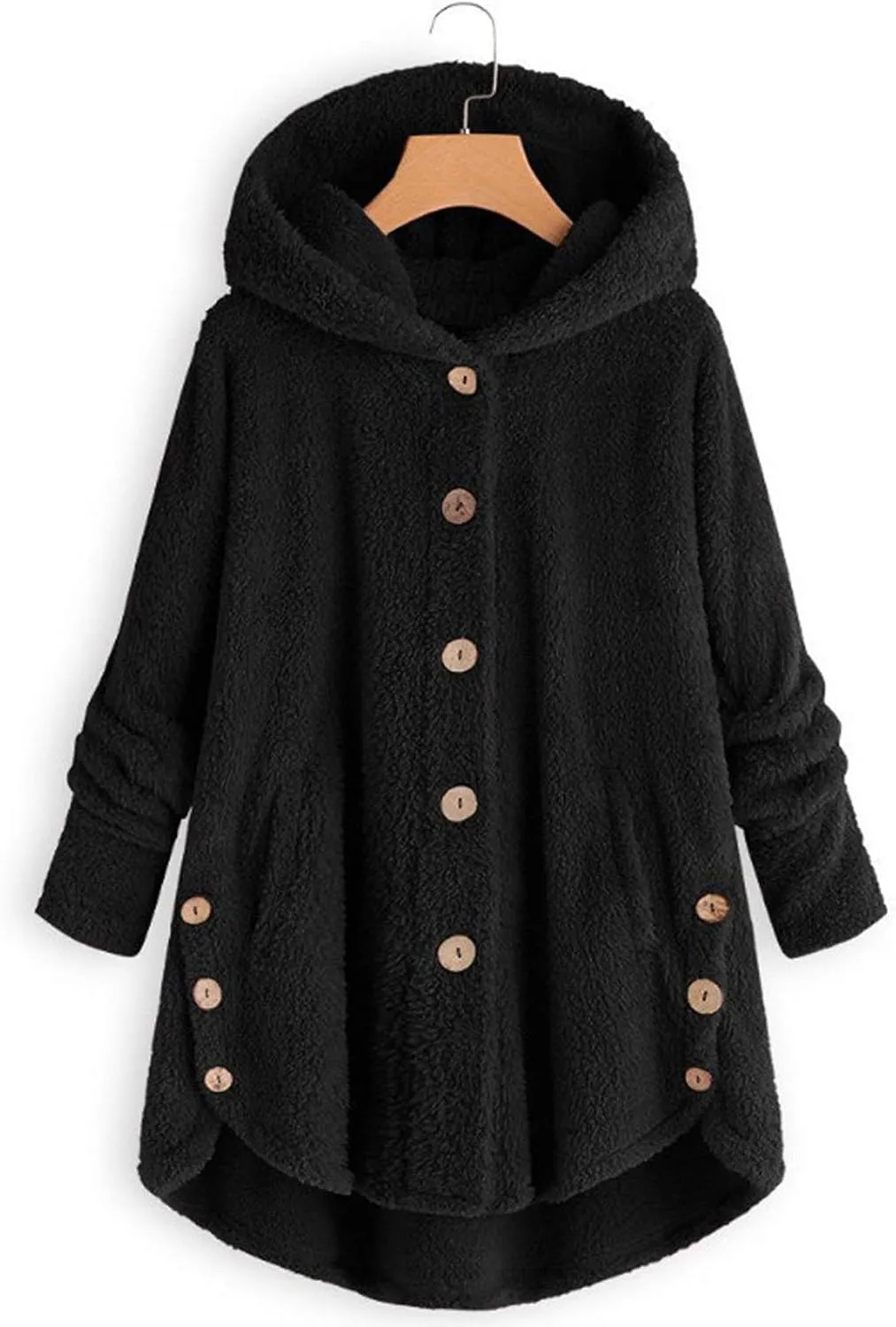 BOXIACEY Plus Size Coats for Women Wool Teddy Bear Coat Fleece Button Down Jacket Plush Hooded Cardigan with Pocket