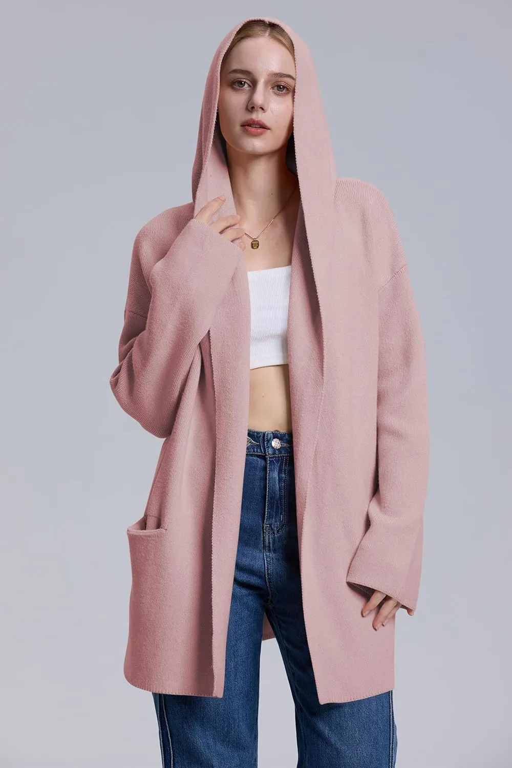 Cakulo Womens Long Hooded Cardigan Sweaters Oversized Fall Cardigans 2025 Open Front Knit Sweater Coats Pockets