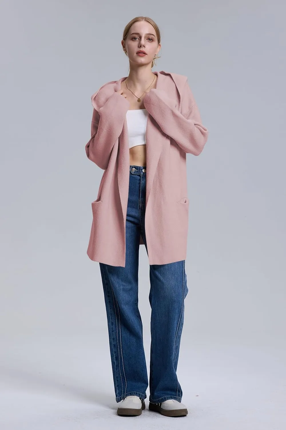 Cakulo Womens Long Hooded Cardigan Sweaters Oversized Fall Cardigans 2025 Open Front Knit Sweater Coats Pockets