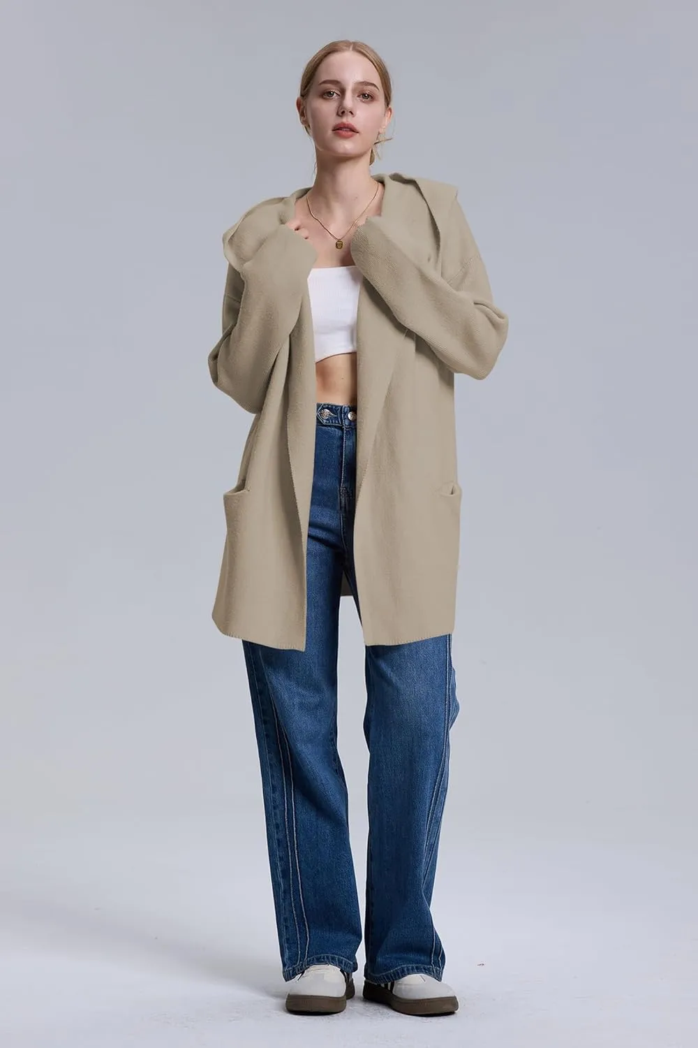 Cakulo Womens Long Hooded Cardigan Sweaters Oversized Fall Cardigans 2025 Open Front Knit Sweater Coats Pockets