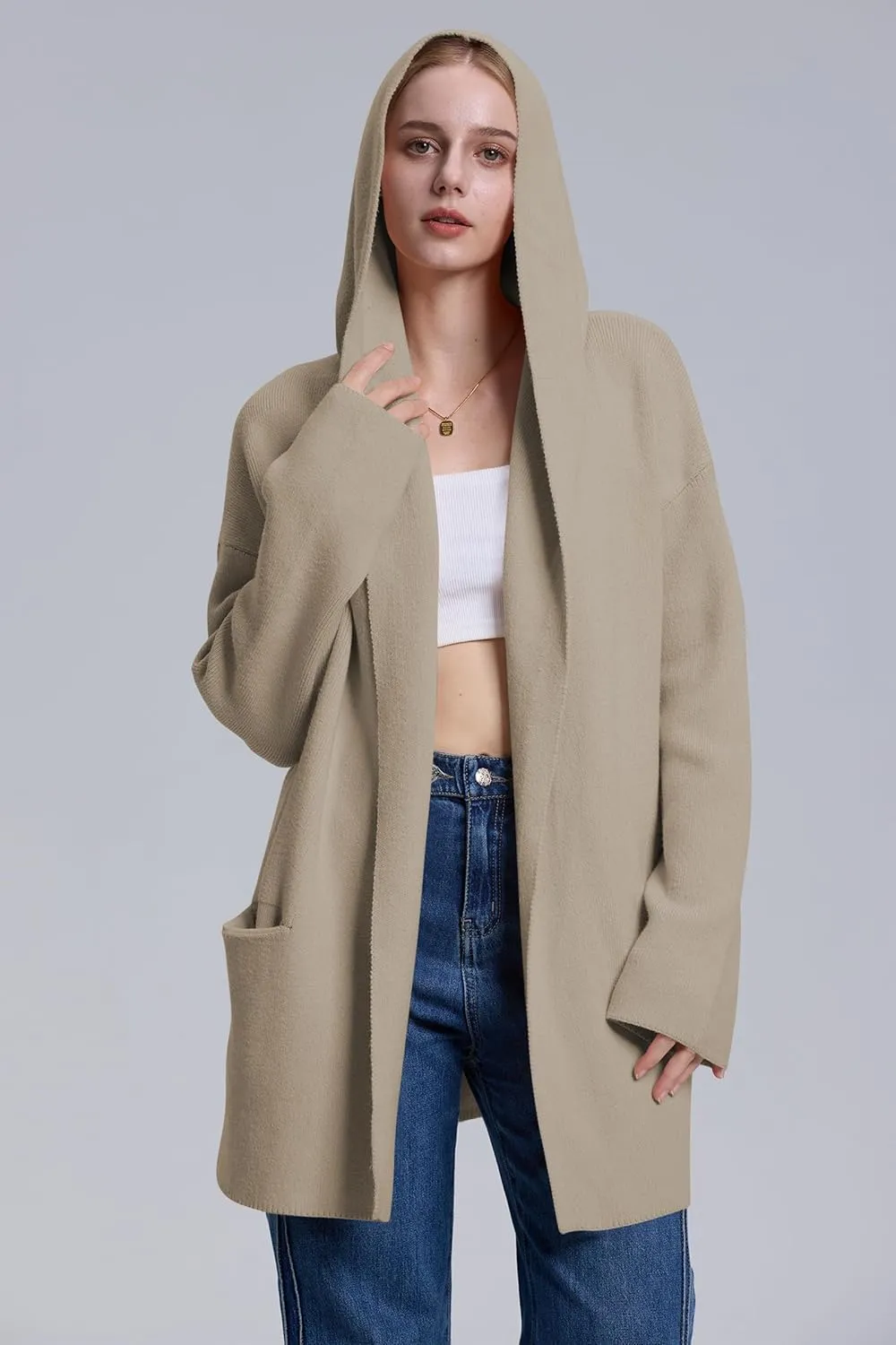 Cakulo Womens Long Hooded Cardigan Sweaters Oversized Fall Cardigans 2025 Open Front Knit Sweater Coats Pockets