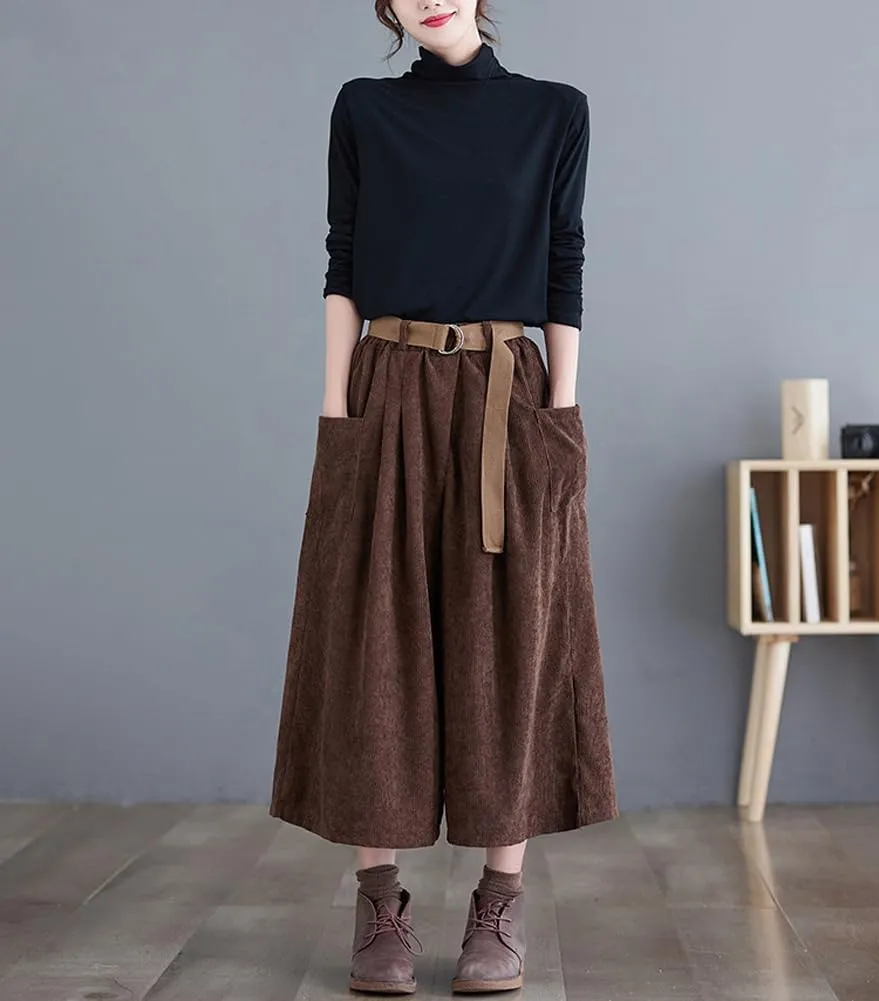 chouyatou Women's High Elastic Waisted Wide Leg Cropped Corduroy Capri Pants Culottes with Belt