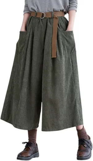 chouyatou Women's High Elastic Waisted Wide Leg Cropped Corduroy Capri Pants Culottes with Belt