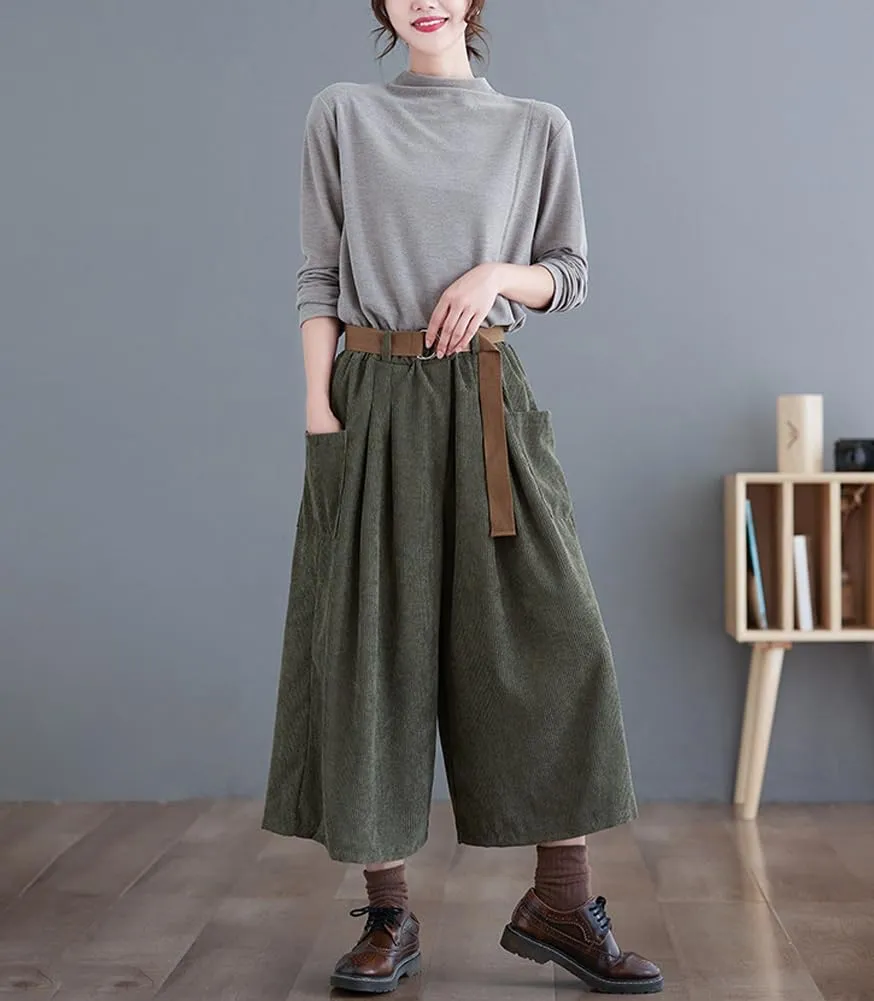 chouyatou Women's High Elastic Waisted Wide Leg Cropped Corduroy Capri Pants Culottes with Belt