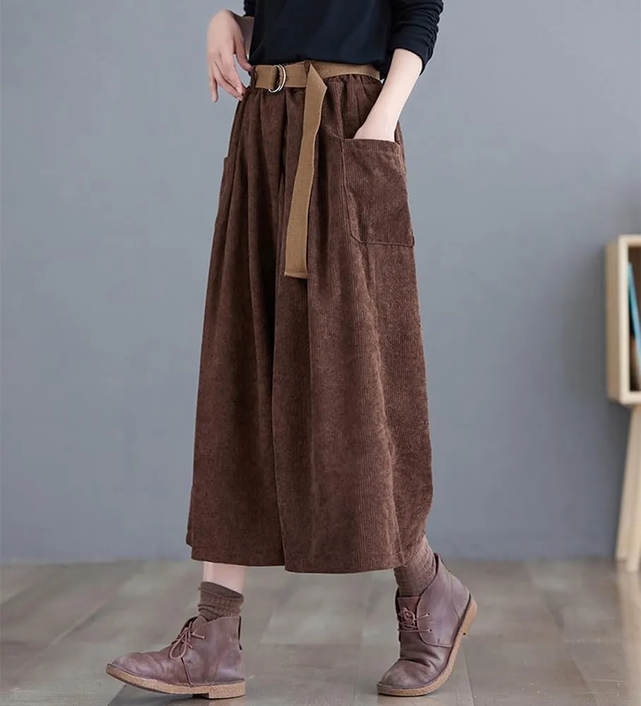 chouyatou Women's High Elastic Waisted Wide Leg Cropped Corduroy Capri Pants Culottes with Belt