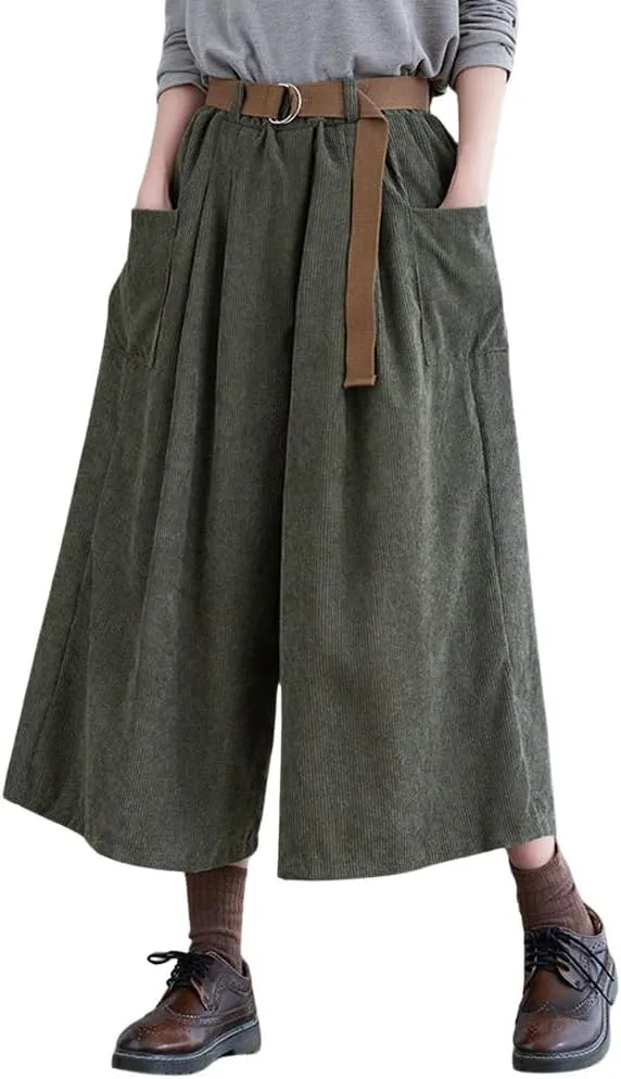 chouyatou Women's High Elastic Waisted Wide Leg Cropped Corduroy Capri Pants Culottes with Belt