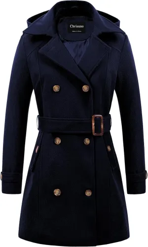 Chrisuno Women's Double Breasted Pea Coat Hooded Long Winter Trench Coat