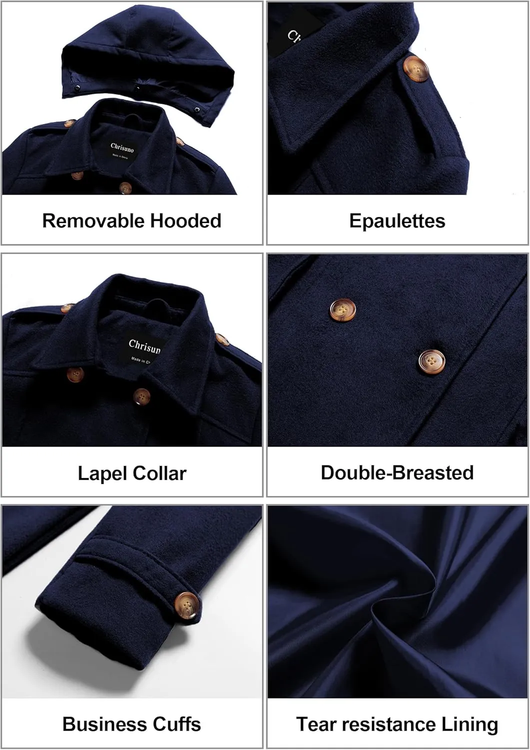 Chrisuno Women's Double Breasted Pea Coat Hooded Long Winter Trench Coat