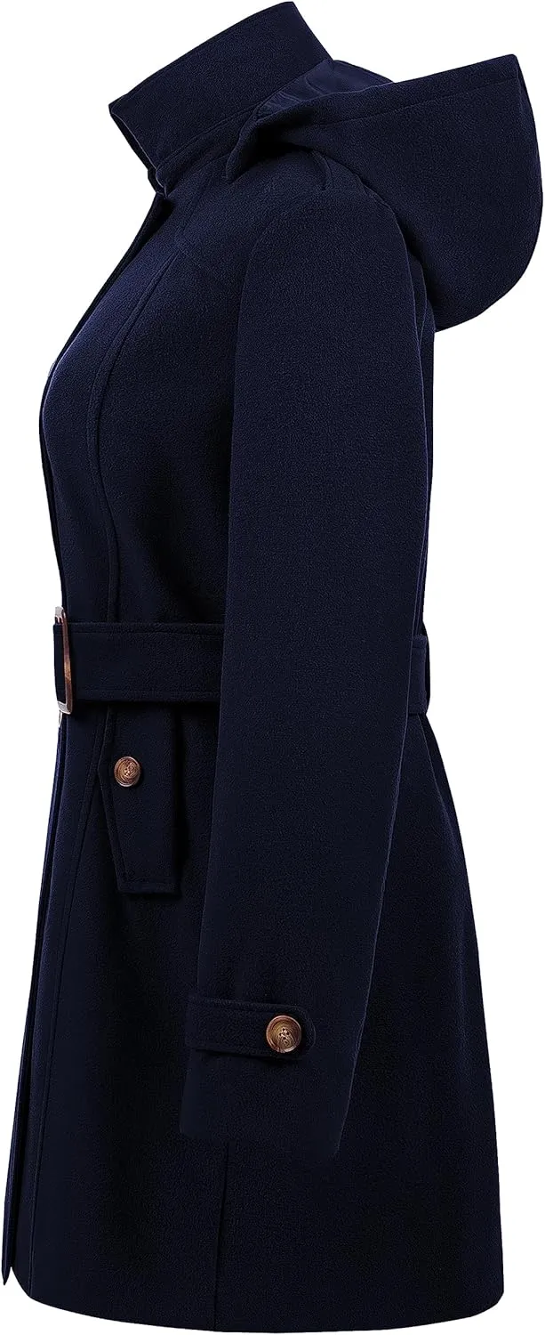 Chrisuno Women's Double Breasted Pea Coat Hooded Long Winter Trench Coat