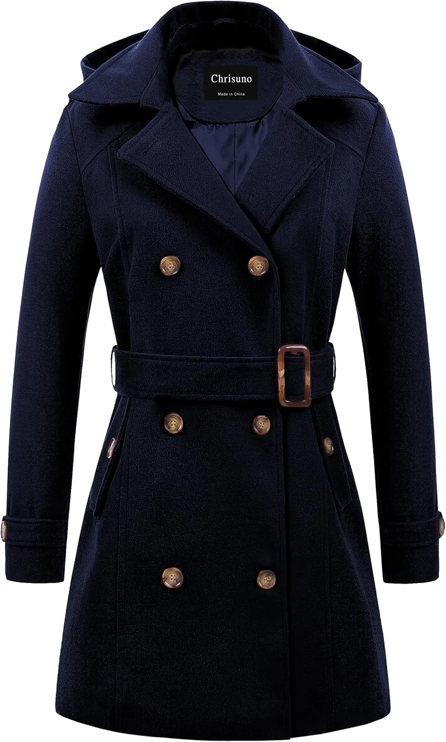 Chrisuno Women's Double Breasted Pea Coat Hooded Long Winter Trench Coat