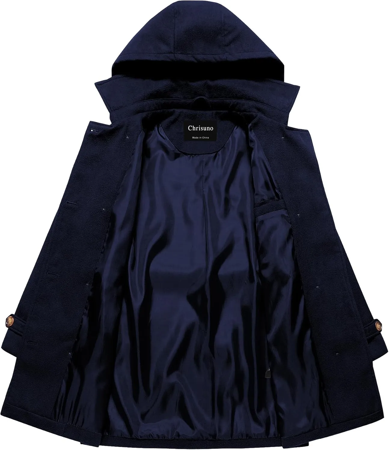 Chrisuno Women's Double Breasted Pea Coat Hooded Long Winter Trench Coat