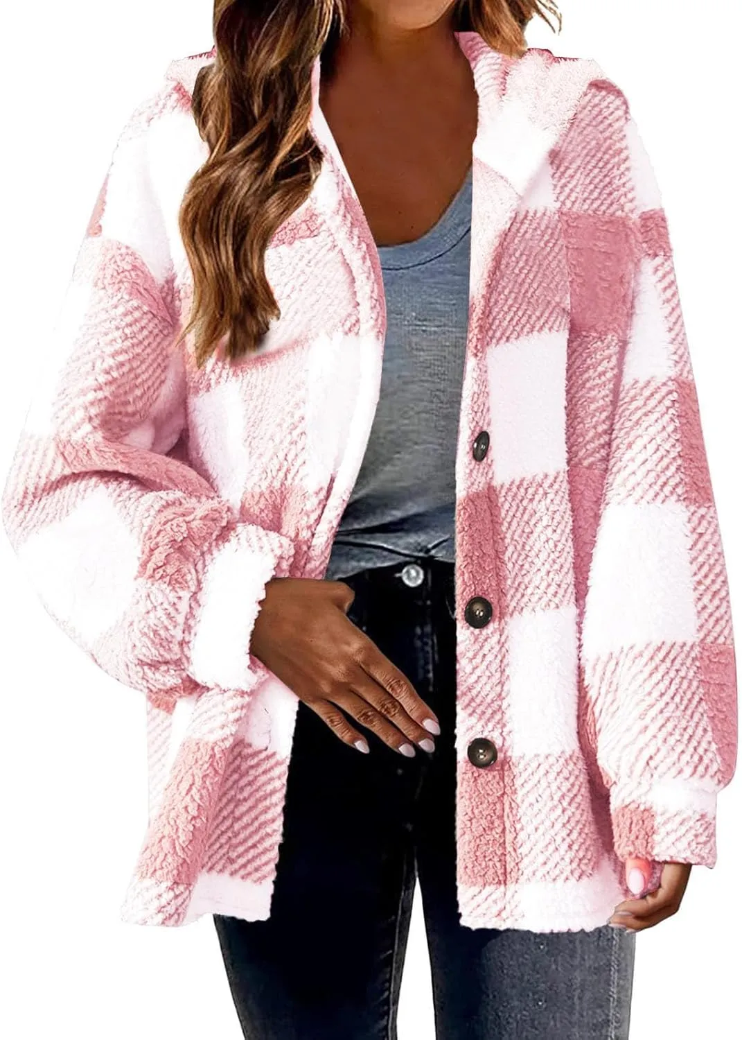 Fuzzy Fleece Jackets For Women Casual Fashion 2023 Plaid Button Down Shacket Warm Winter Sherpa Coats Outwear