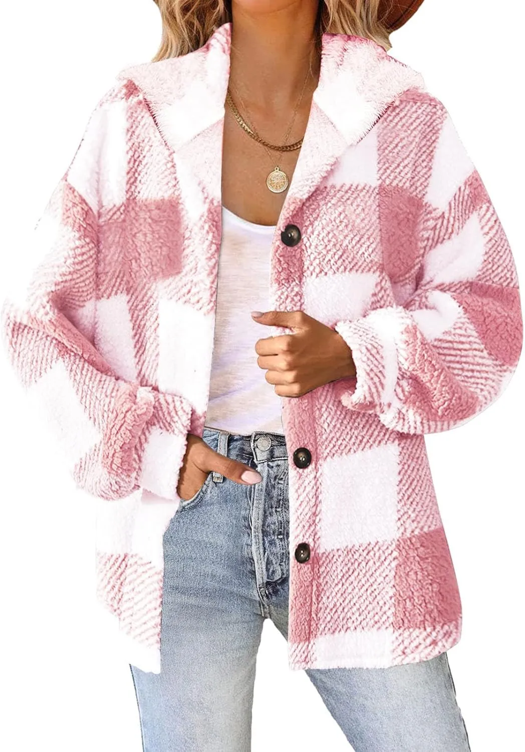 Fuzzy Fleece Jackets For Women Casual Fashion 2023 Plaid Button Down Shacket Warm Winter Sherpa Coats Outwear
