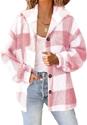 Fuzzy Fleece Jackets For Women Casual Fashion 2023 Plaid Button Down Shacket Warm Winter Sherpa Coats Outwear
