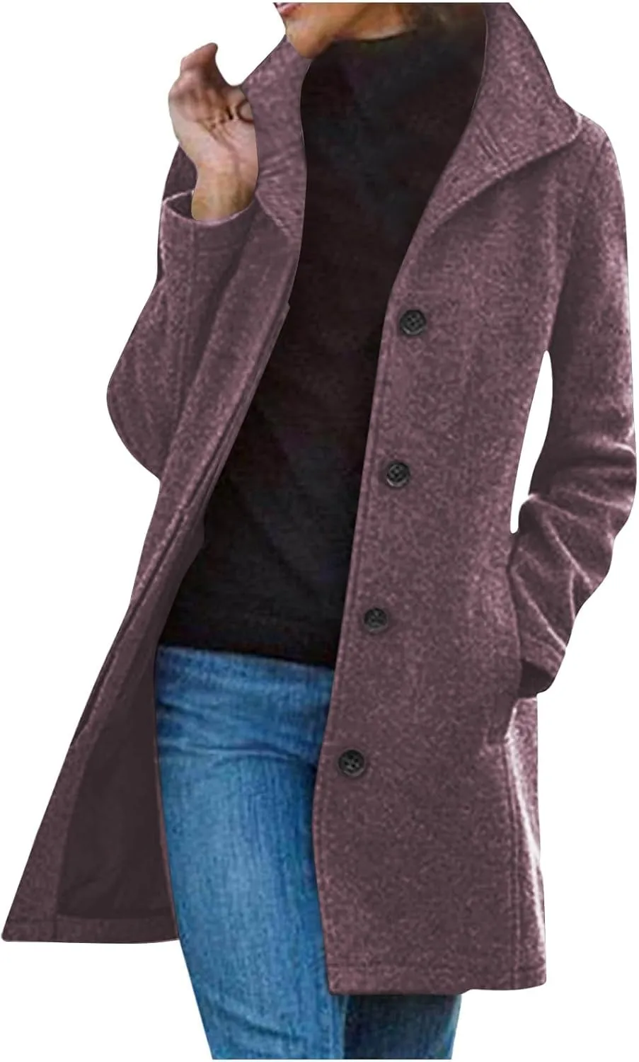 HGps8w Classic Single-Breasted Trench Coat for Women Dressy Wool Blend Winter Pea Coat Mid-Long Outerwear Jacket with Pockets