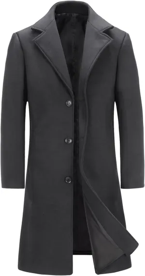 INVACHI Men's Wool Blend Long Trench Coat Notched Collar Single Breasted Overcoat Warm Winter Pea Coat