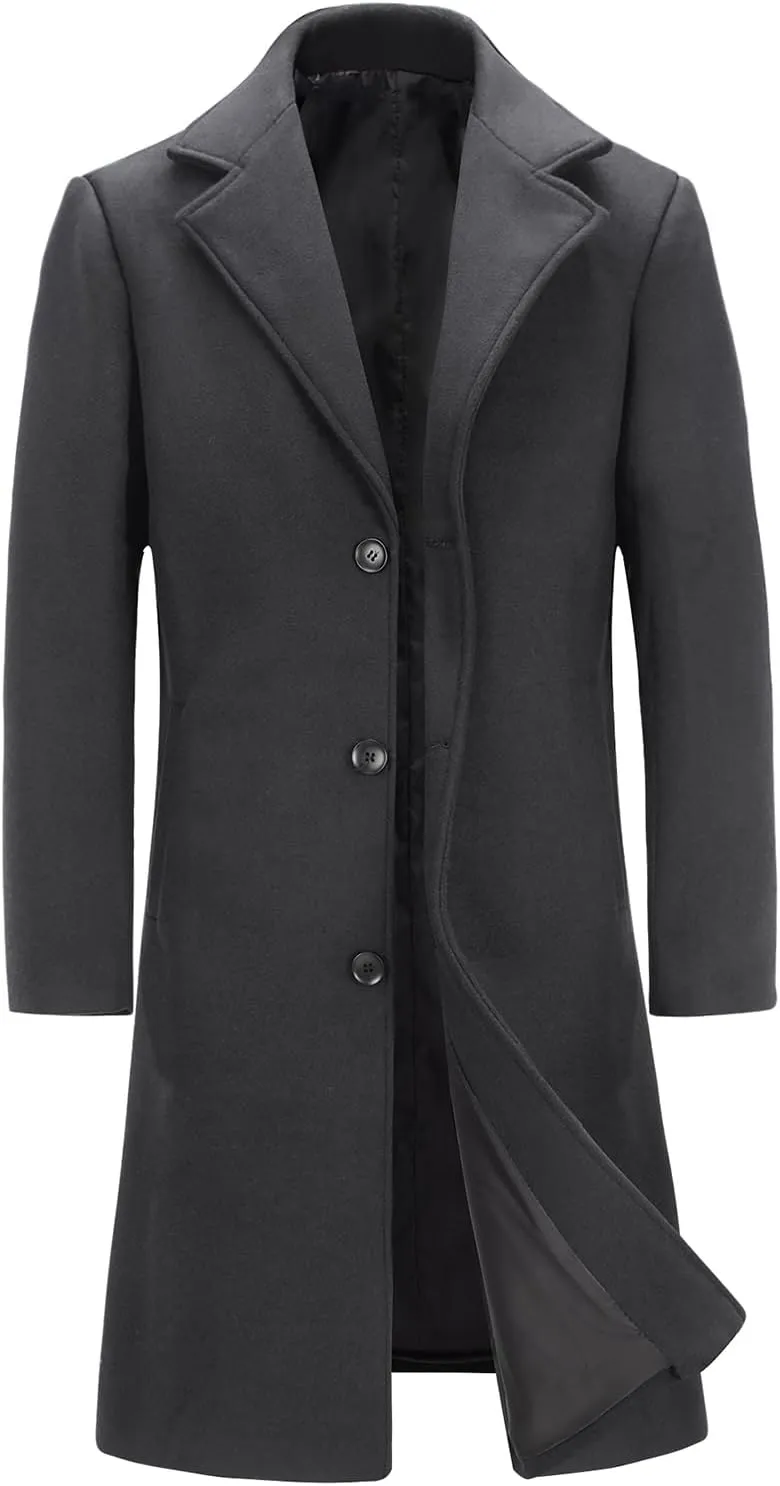 INVACHI Men's Wool Blend Long Trench Coat Notched Collar Single Breasted Overcoat Warm Winter Pea Coat