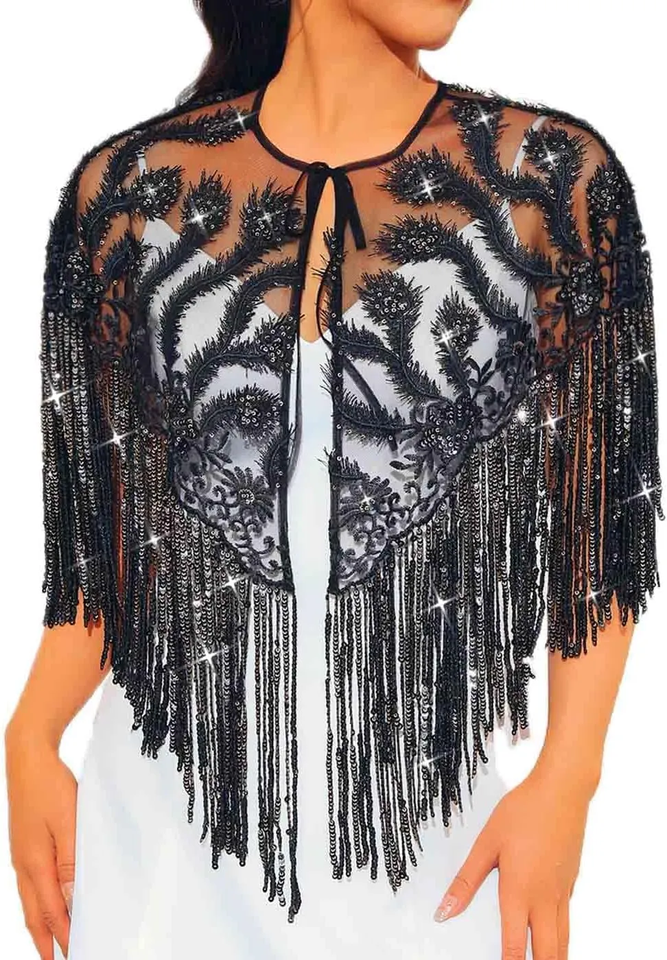 JAKAWIN Women's Flapper Shawl and Wrap Sequin Fringe Formal Cape