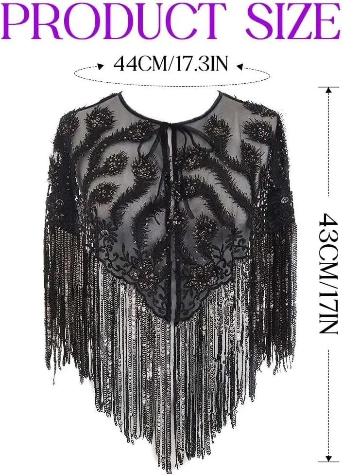JAKAWIN Women's Flapper Shawl and Wrap Sequin Fringe Formal Cape