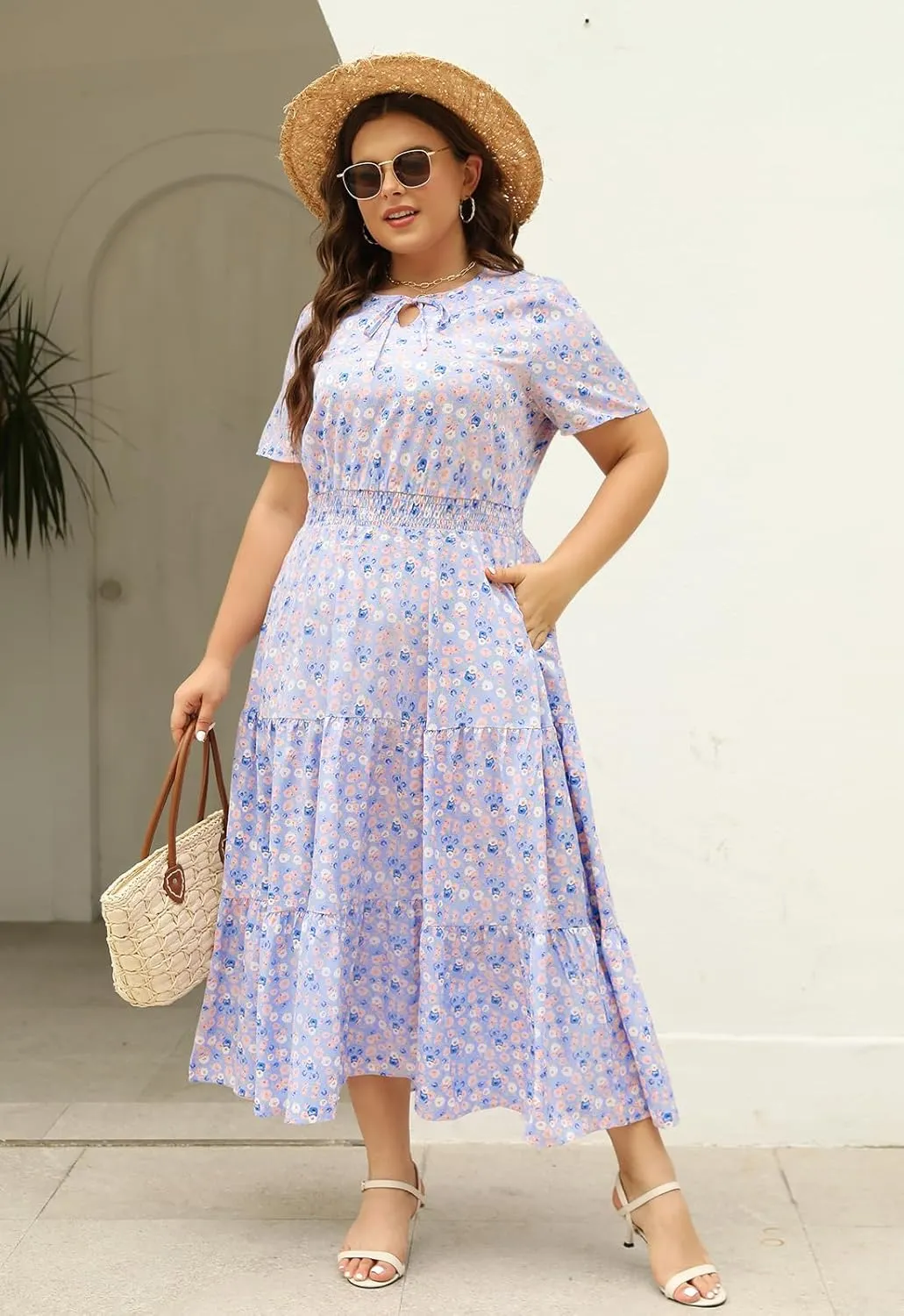 Keluummi Plus Size Summer Maxi Dresses for Curvy Women, Casual Floral Flowy Empire Waist Tiered A Line Dress with Pockets