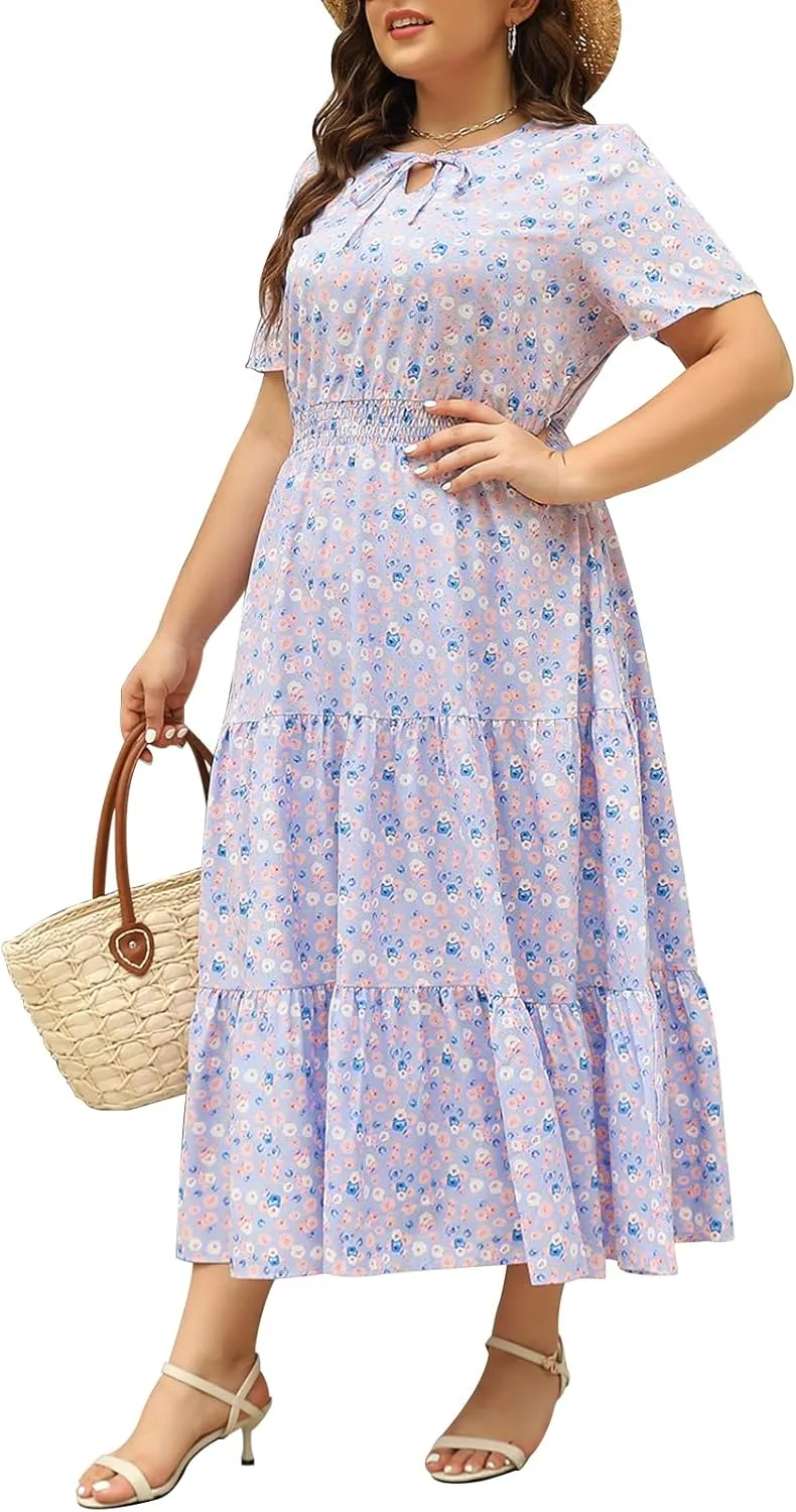 Keluummi Plus Size Summer Maxi Dresses for Curvy Women, Casual Floral Flowy Empire Waist Tiered A Line Dress with Pockets