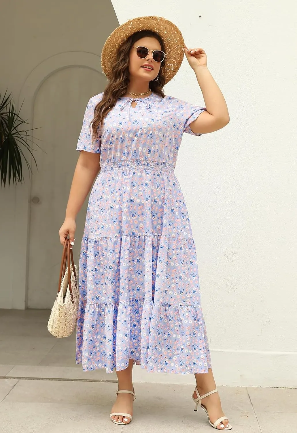 Keluummi Plus Size Summer Maxi Dresses for Curvy Women, Casual Floral Flowy Empire Waist Tiered A Line Dress with Pockets