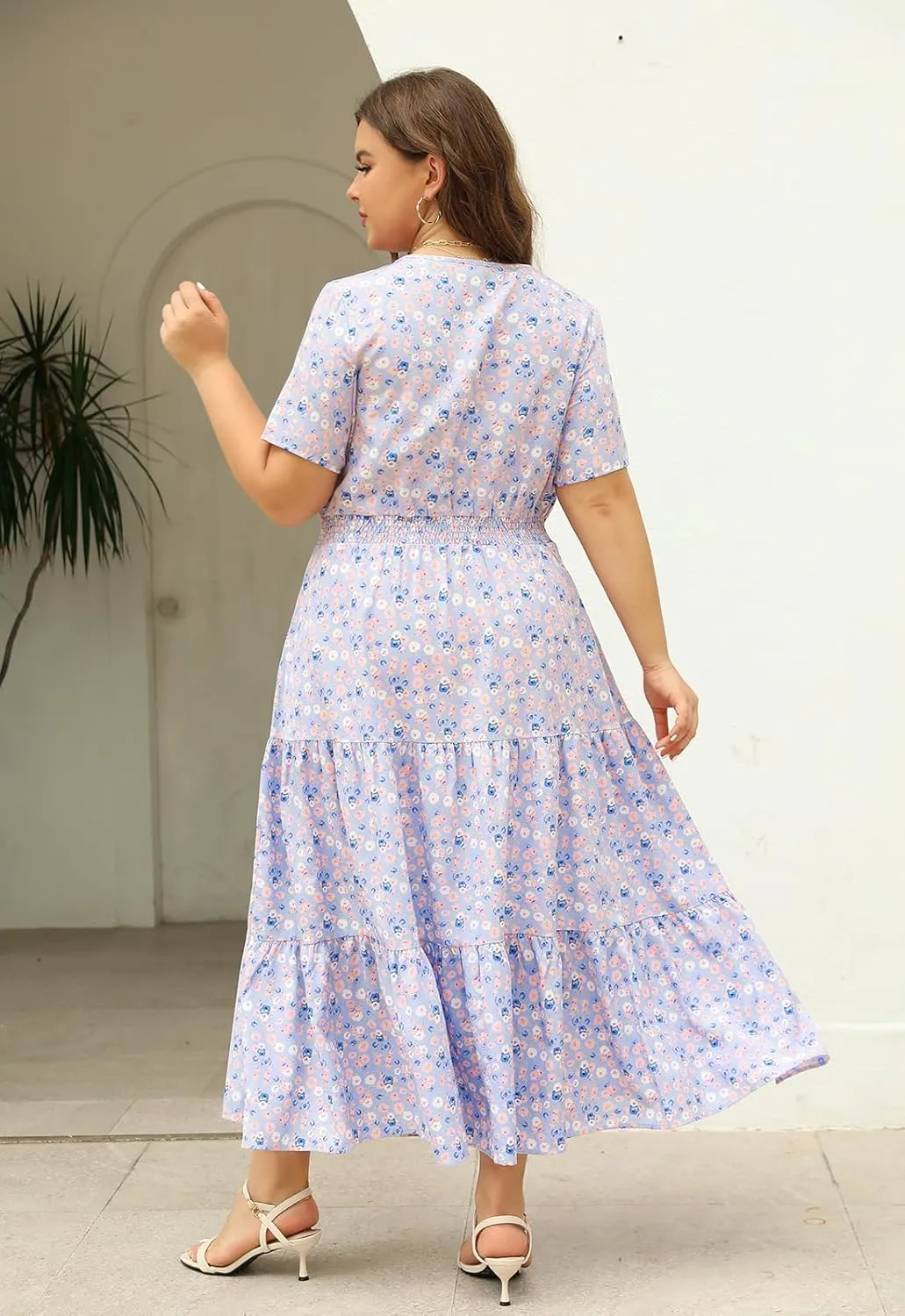 Keluummi Plus Size Summer Maxi Dresses for Curvy Women, Casual Floral Flowy Empire Waist Tiered A Line Dress with Pockets