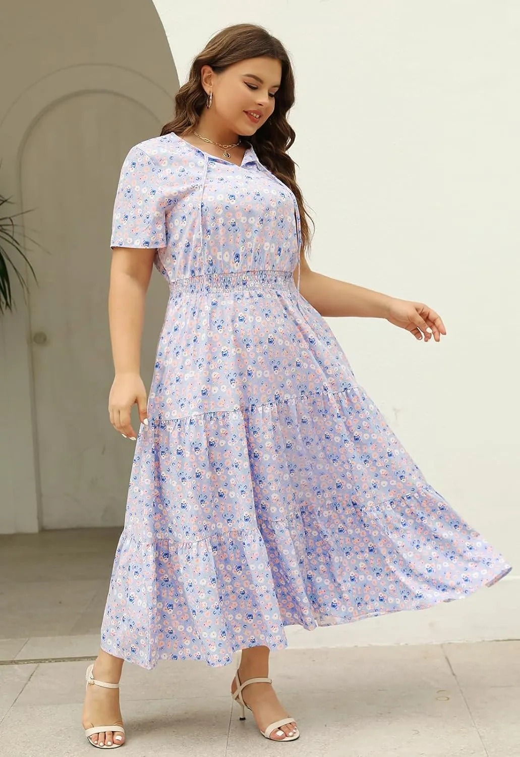 Keluummi Plus Size Summer Maxi Dresses for Curvy Women, Casual Floral Flowy Empire Waist Tiered A Line Dress with Pockets