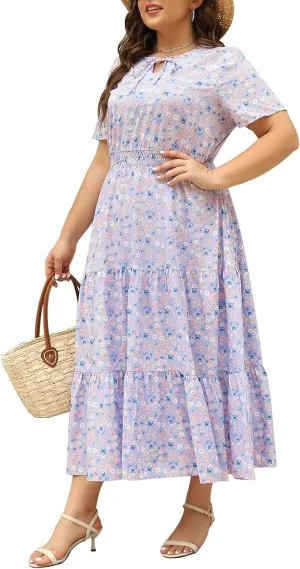 Keluummi Plus Size Summer Maxi Dresses for Curvy Women, Casual Floral Flowy Empire Waist Tiered A Line Dress with Pockets