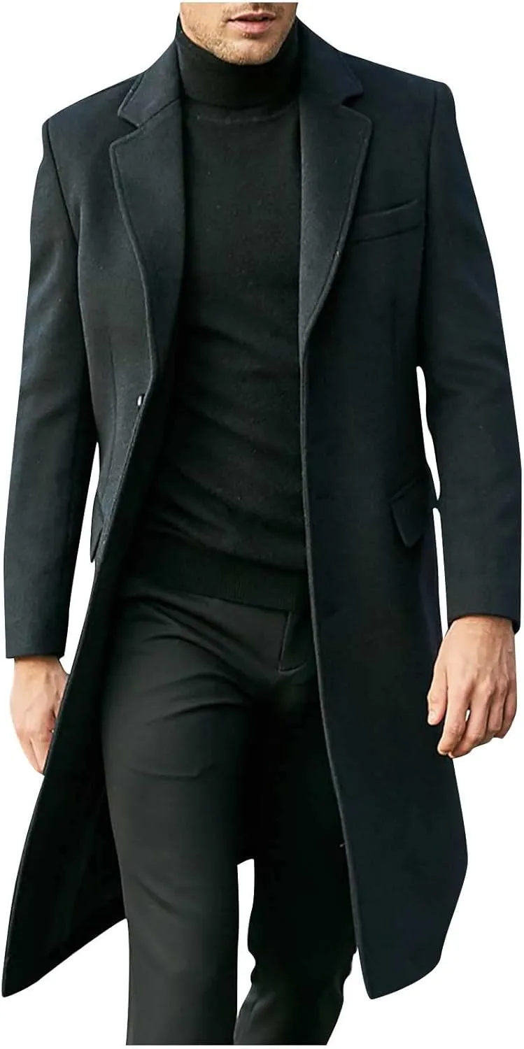 Long Trench Coats for Men Winter Jackets Wool Blend Peacoats Trendy Notched Lapel Overcoats Plus Size Jacket