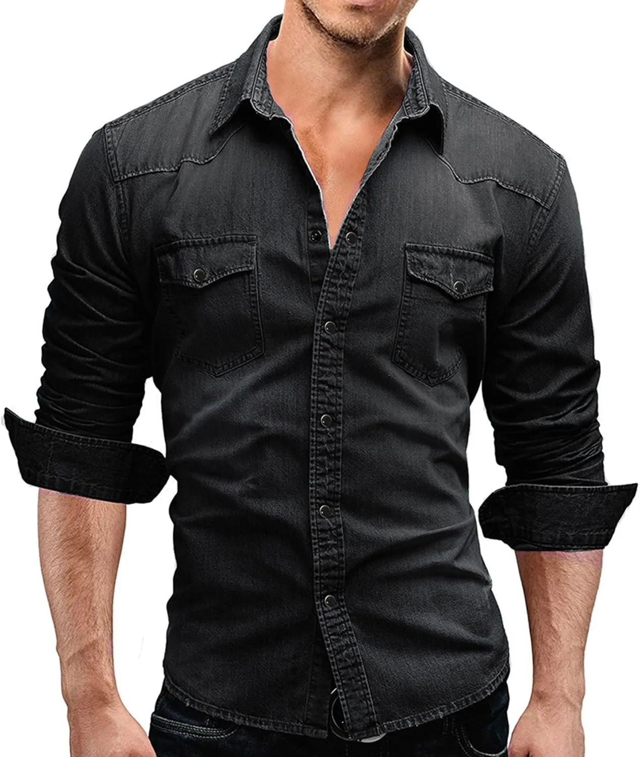 Maiyifu-GJ Men's Western Distressed Denim Shirt Casual Slim Fit Button Down Long Sleeve Wash Work Denim Jean Shirt