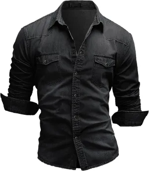 Maiyifu-GJ Men's Western Distressed Denim Shirt Casual Slim Fit Button Down Long Sleeve Wash Work Denim Jean Shirt
