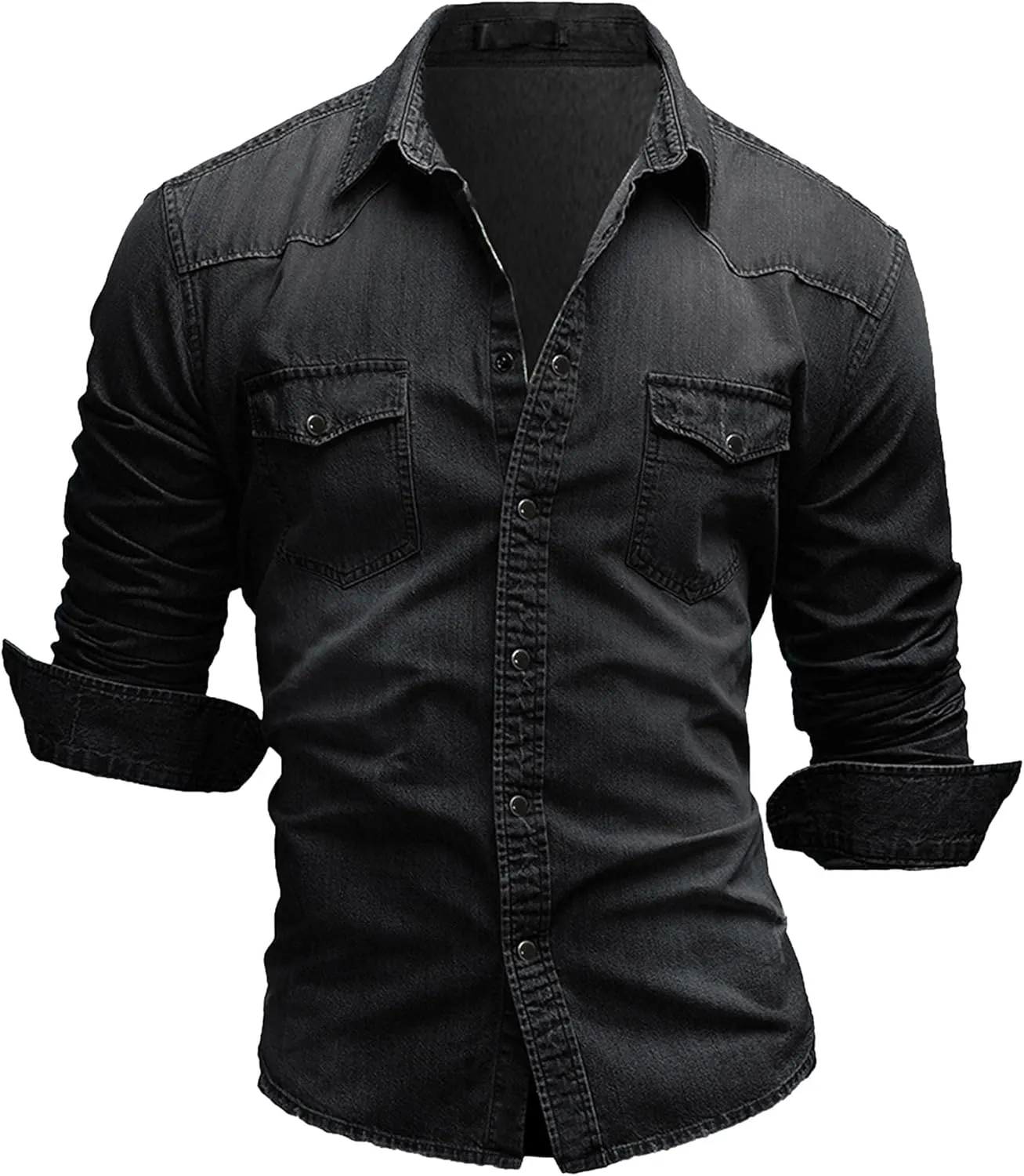 Maiyifu-GJ Men's Western Distressed Denim Shirt Casual Slim Fit Button Down Long Sleeve Wash Work Denim Jean Shirt
