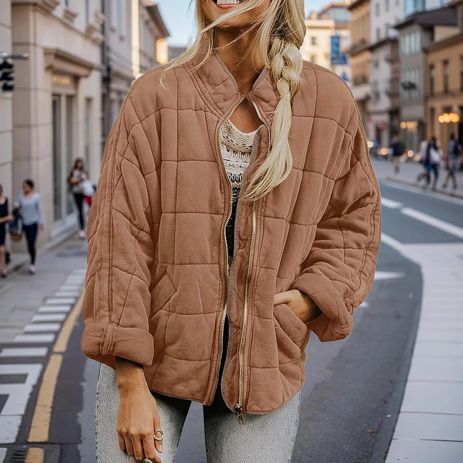 Quilted Jackets for Women Lightweight Puffer Jacket Oversized Casual Zip Up Coats Warm Winter Bomber Outerwear Pockets