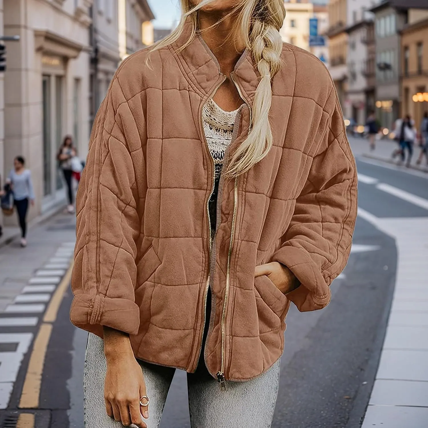 Quilted Jackets for Women Lightweight Puffer Jacket Oversized Casual Zip Up Coats Warm Winter Bomber Outerwear Pockets