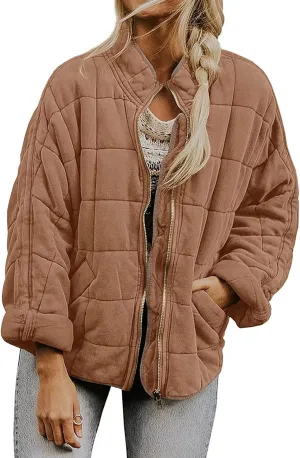 Quilted Jackets for Women Lightweight Puffer Jacket Oversized Casual Zip Up Coats Warm Winter Bomber Outerwear Pockets